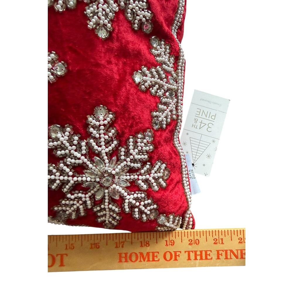 34th & Pine Red Velour Christmas Throw Pillow Crystal Beaded Snowflake 19” Zip - Picture 8 of 14
